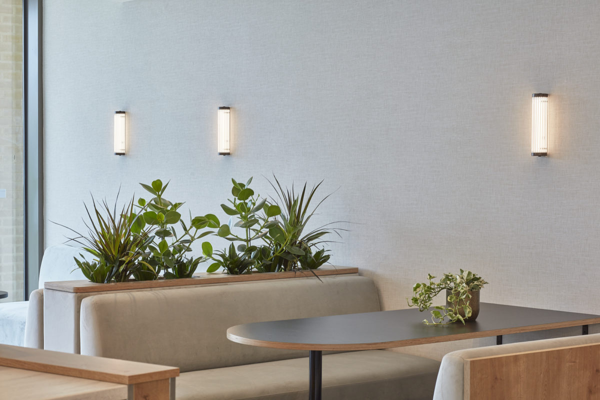 Breakout space in office in neutral tones with planters