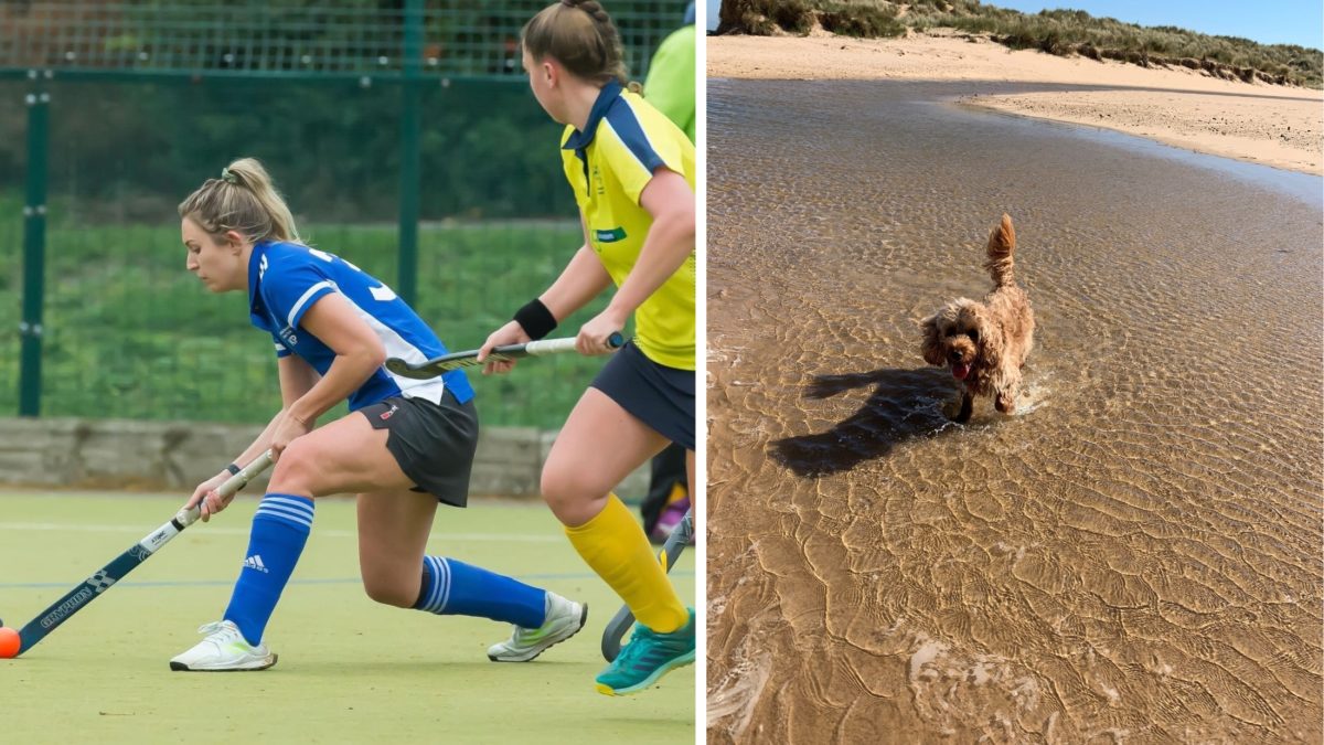 Kirsty playing hockey and a photo of her dog