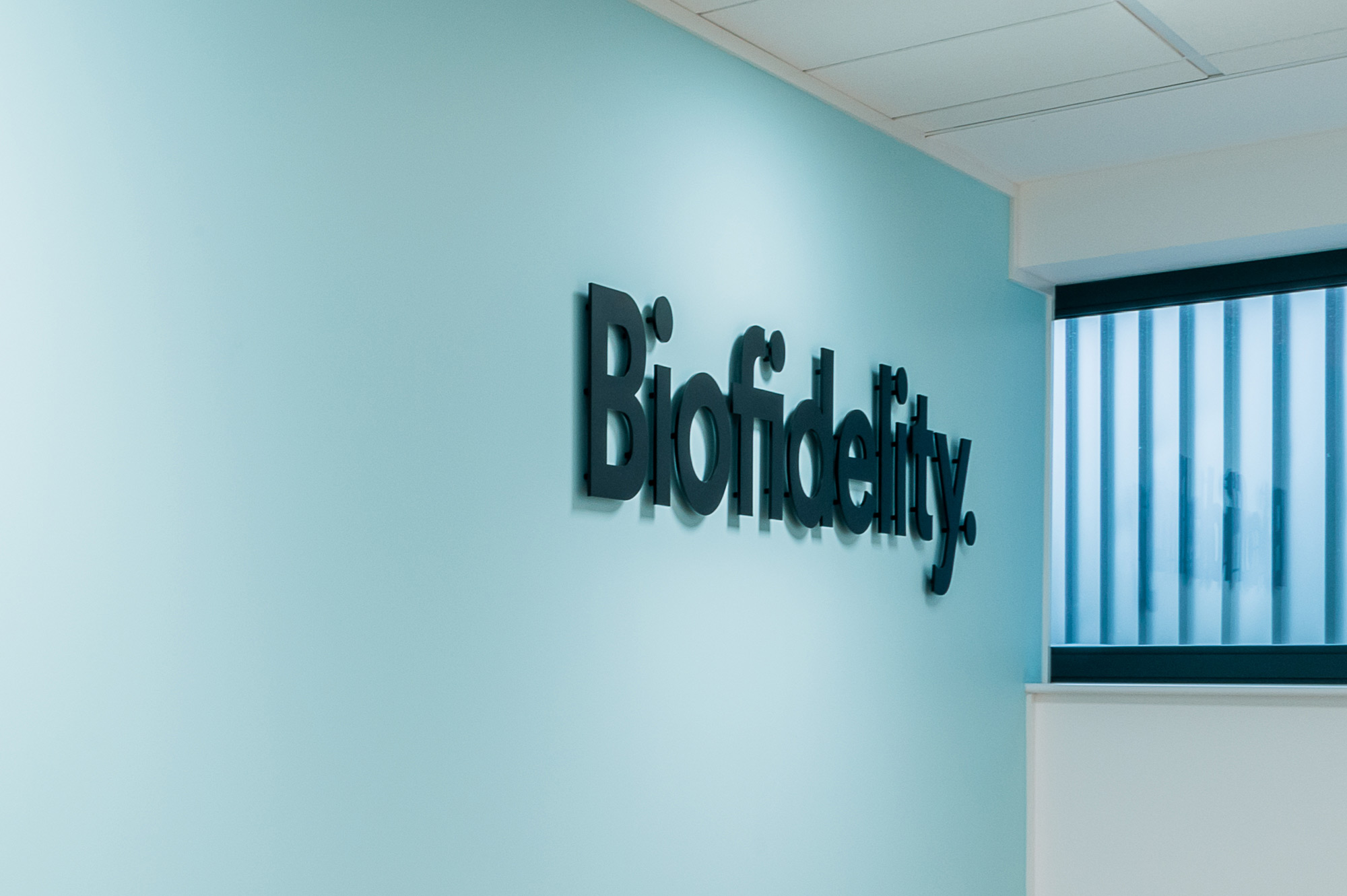 Bold, black text "Biofidelity" is mounted on a light blue wall, with a window featuring vertical blinds to the right.