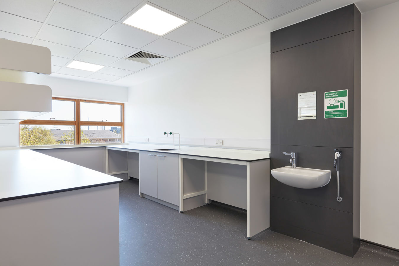 Clean laboratory room with white countertops, a black door featuring a viewing panel, a wall-mounted sink, and a large window providing natural light.
