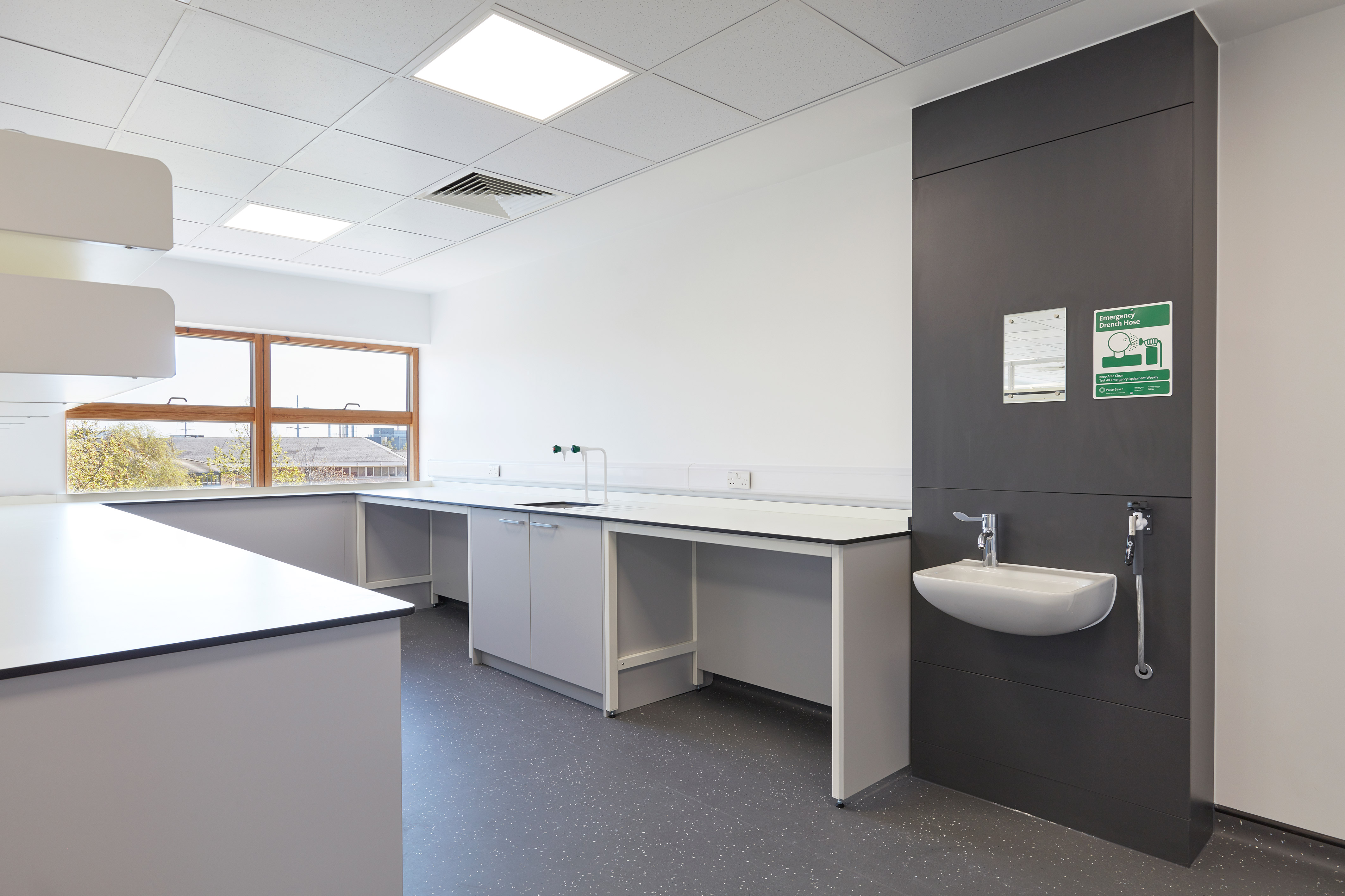 Clean laboratory room with white countertops, a black door featuring a viewing panel, a wall-mounted sink, and a large window providing natural light.