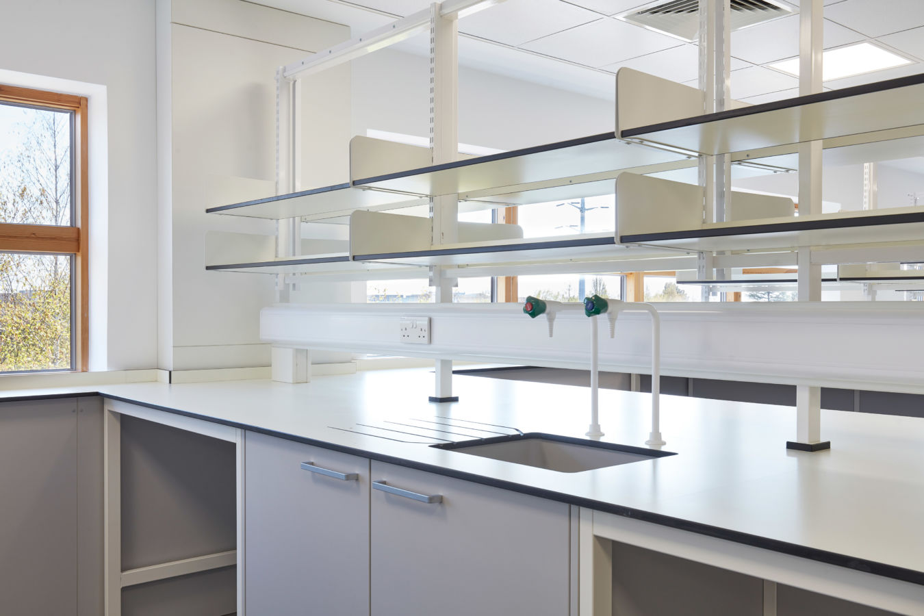 Bright and modern laboratory workspace featuring clean countertops, built-in cabinetry, glass shelving, and integrated water taps