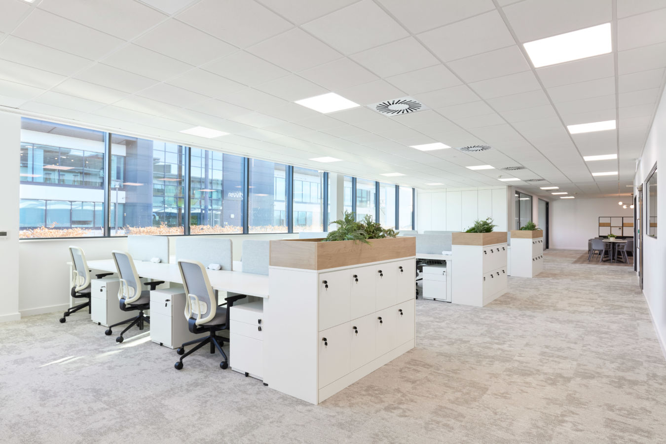 Spacious modern office with white desks, ergonomic chairs, and planters under bright lighting. Large windows offer an airy, organized ambiance