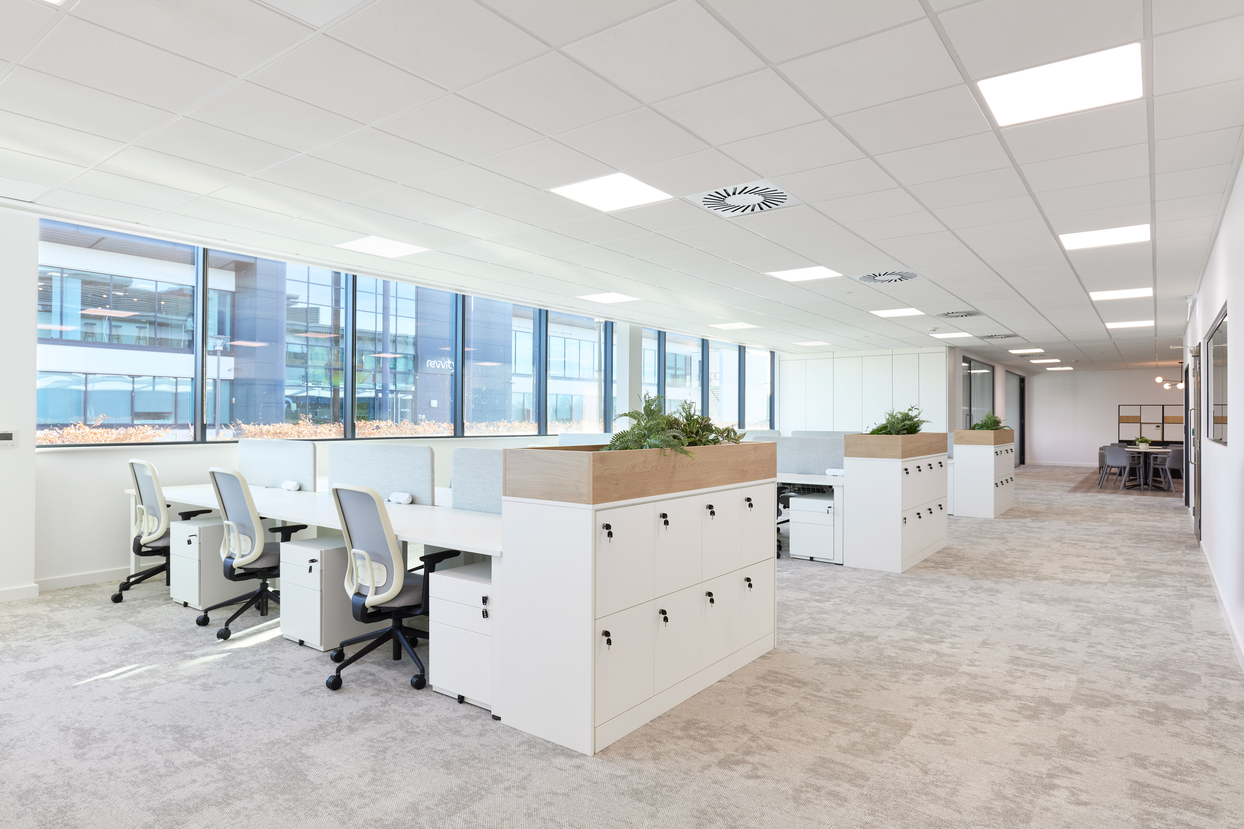 Spacious modern office with white desks, ergonomic chairs, and planters under bright lighting. Large windows offer an airy, organized ambiance