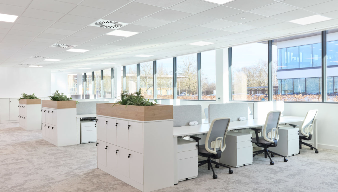 Modern open-plan office space with rows of white desks and swivel chairs. Large windows allow natural light. Planters add greenery, creating a calm atmosphere