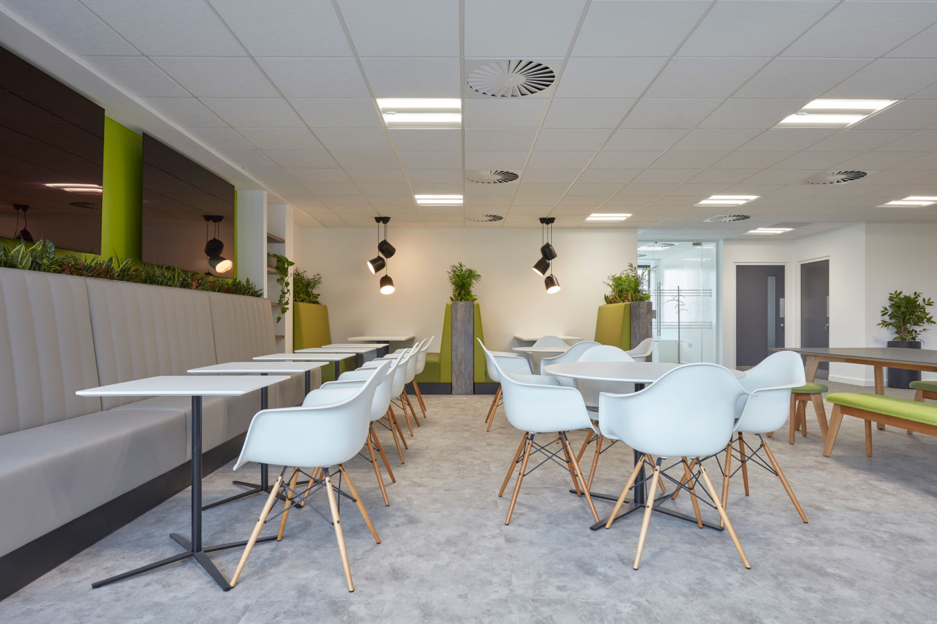 Modern cafeteria with gray tables, white chairs, and green accents. Plants and pendant lights create a fresh, welcoming atmosphere. Bright and minimalist design