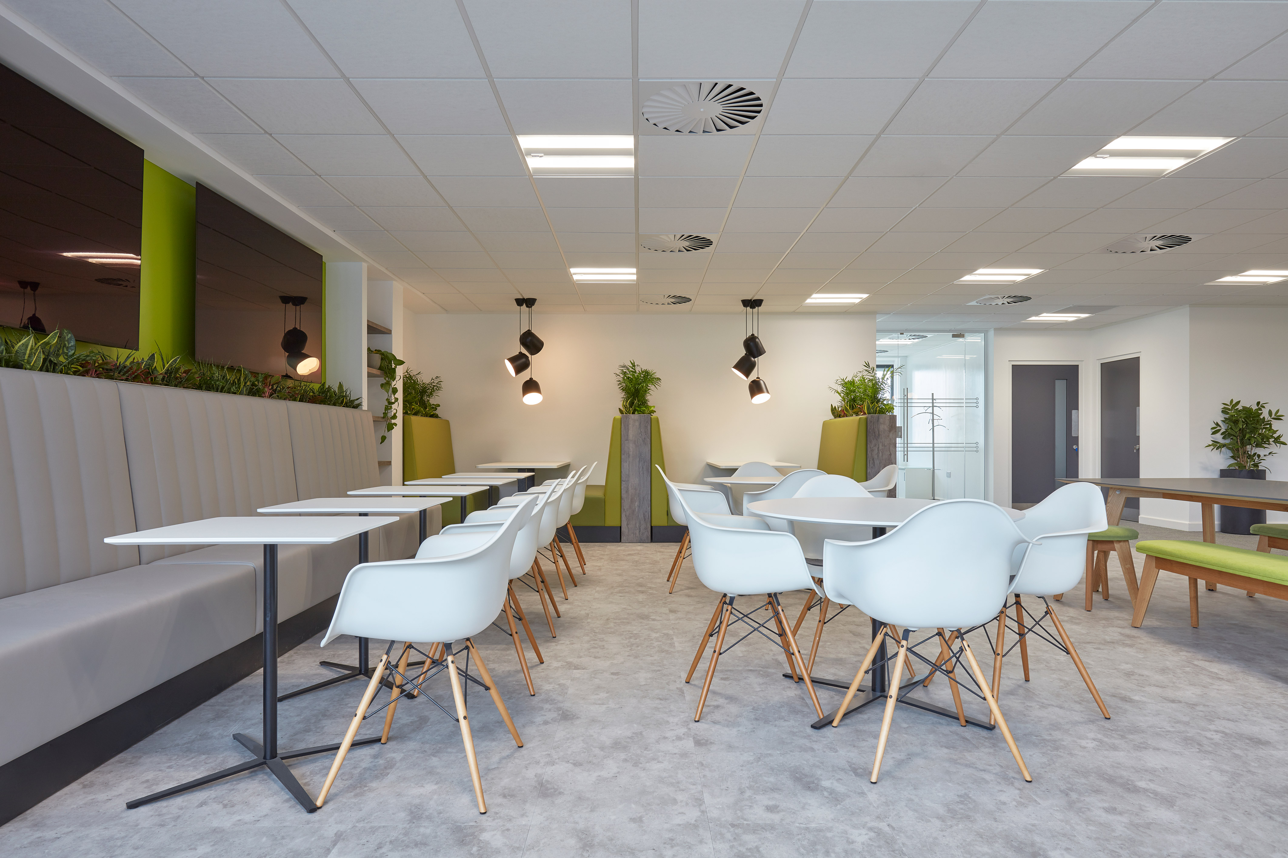 Modern cafeteria with gray tables, white chairs, and green accents. Plants and pendant lights create a fresh, welcoming atmosphere. Bright and minimalist design
