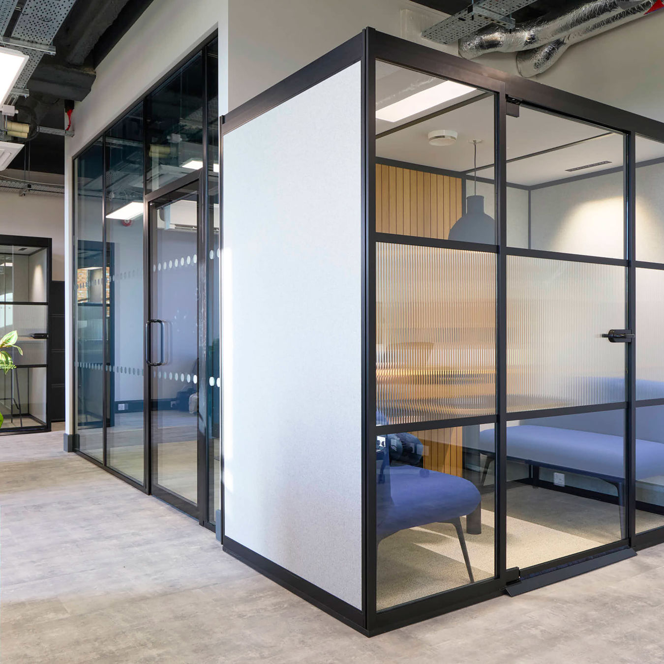 Modern office partitions with glass walls and black frames, enclosing blue seating areas; features exposed ceilings, overhead lighting, and a planter with green foliage in the foreground.