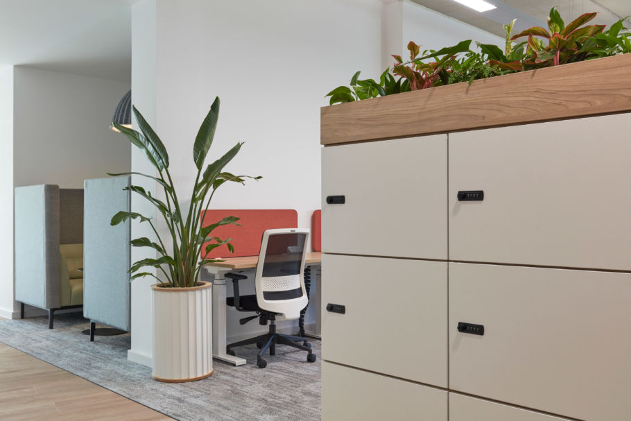 Modern office space with ergonomic chairs, individual desks with red dividers, a large potted plant, and a storage cabinet topped with greenery.