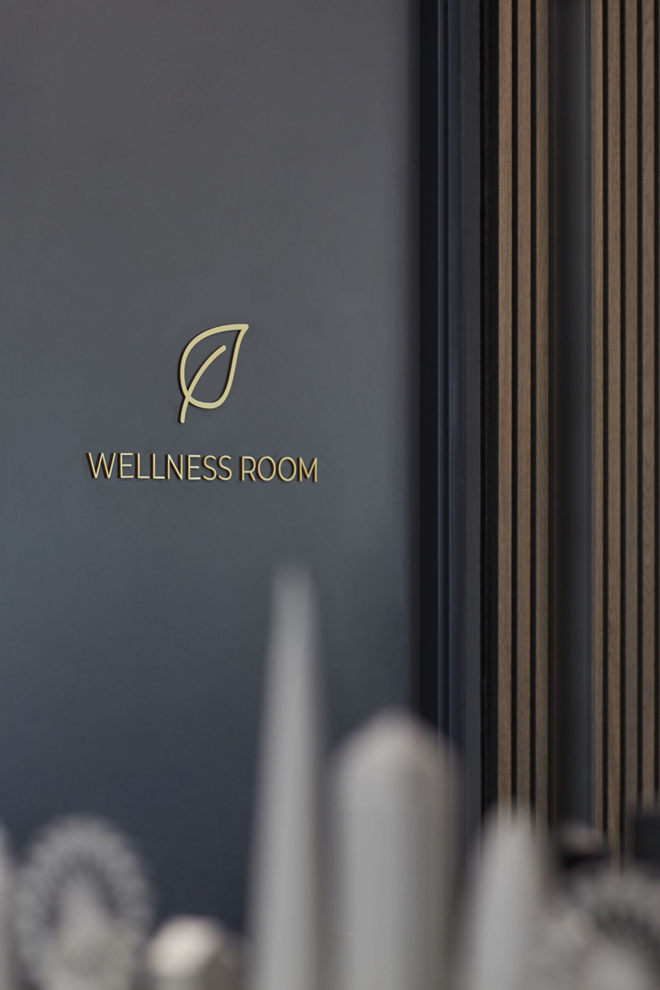 A door labeled "WELLNESS ROOM" with a leaf symbol is set in a wood-paneled wall.