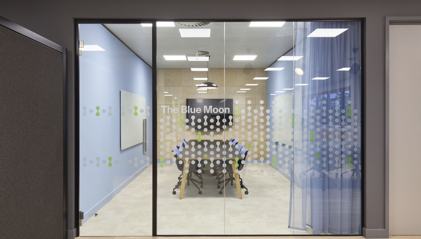 Glass doors lead to a modern conference room named "The Blue Moon," featuring a table, chairs, a whiteboard, and a wall-mounted screen, all surrounded by blue walls and patterned decals.