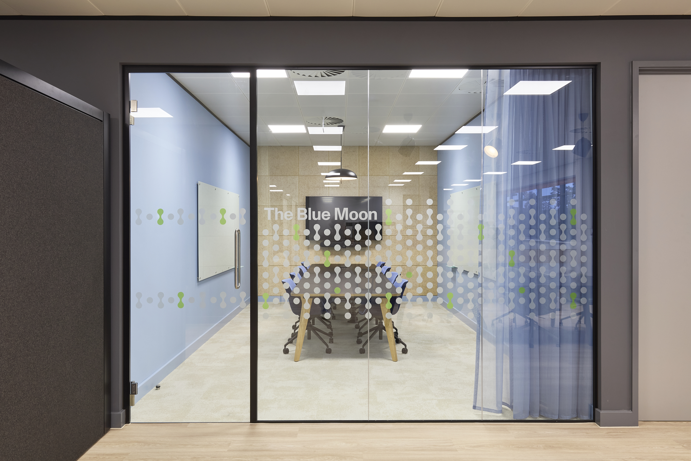 Glass doors lead to a modern conference room named "The Blue Moon," featuring a table, chairs, a whiteboard, and a wall-mounted screen, all surrounded by blue walls and patterned decals.