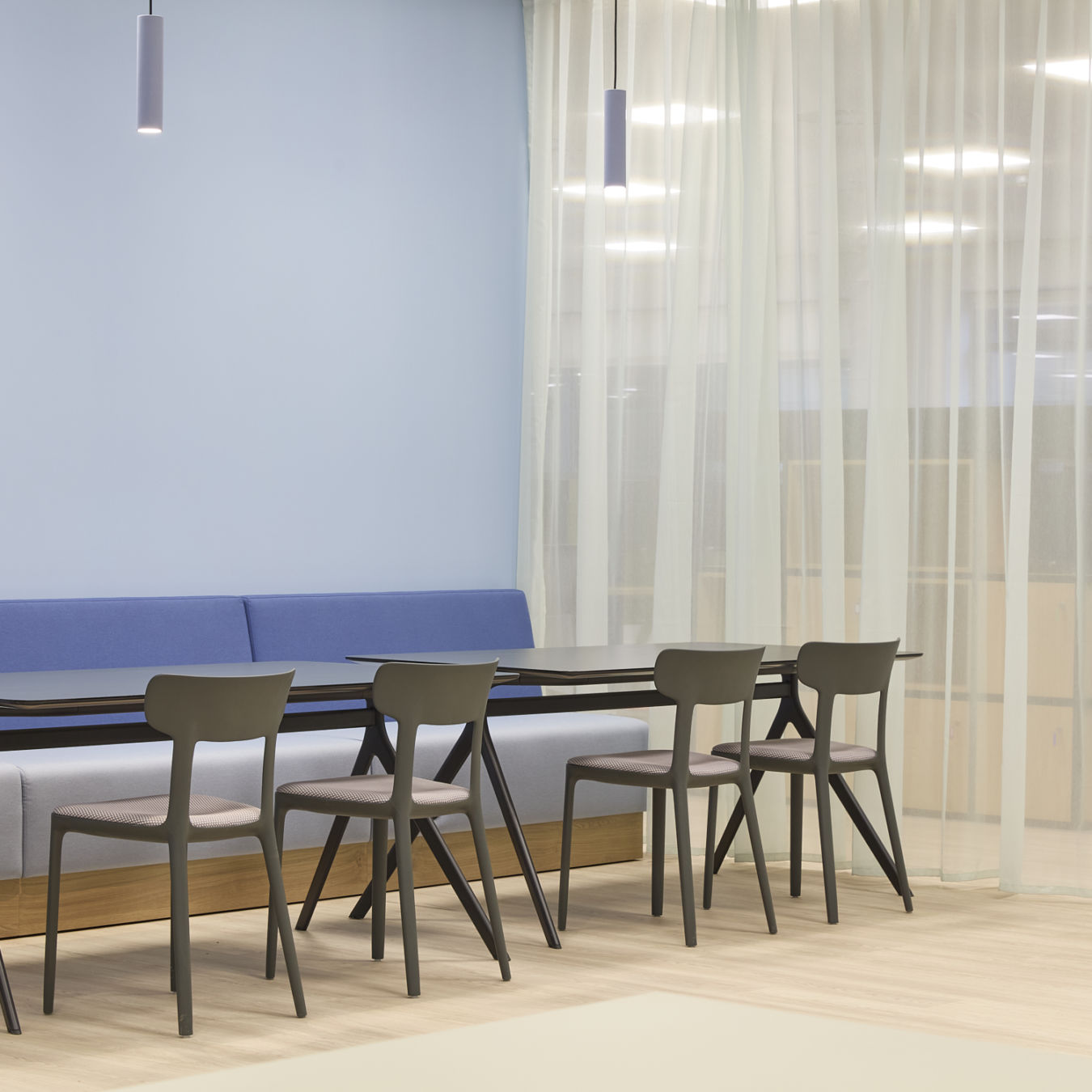 A modern office space features a row of chairs and tables against a blue wall, accompanied by soft lighting and sheer curtains in the background.
