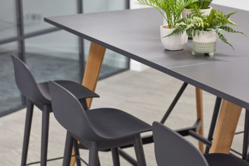 Modern office setting with a sleek black table, three matching chairs, and three potted green plants. Natural wood legs and glass partition in background.
