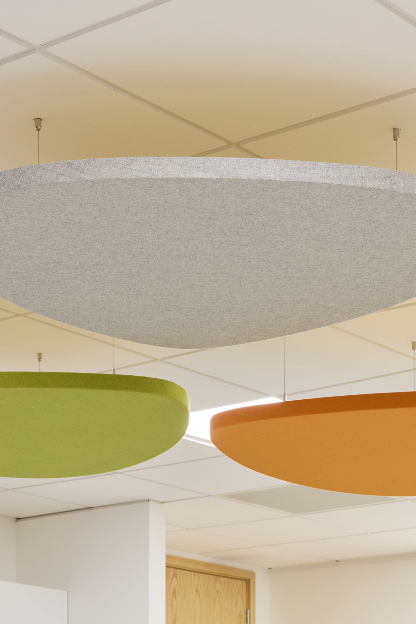 Acoustic panels in gray, green, and orange are suspended from a tiled ceiling in a modern office environment with light walls and a wooden door visible below.