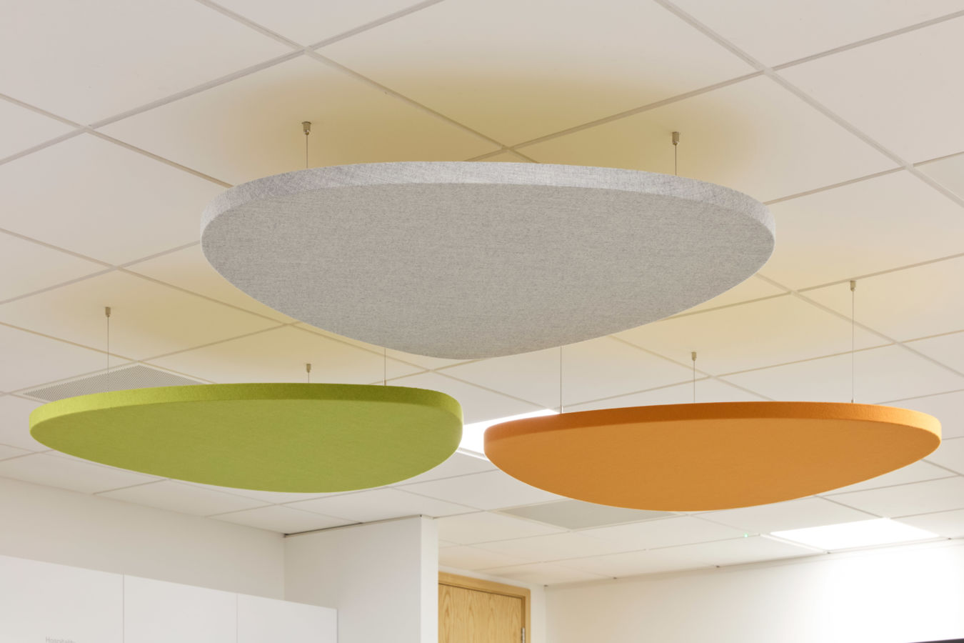 Acoustic panels in gray, green, and orange are suspended from a tiled ceiling in a modern office environment with light walls and a wooden door visible below.