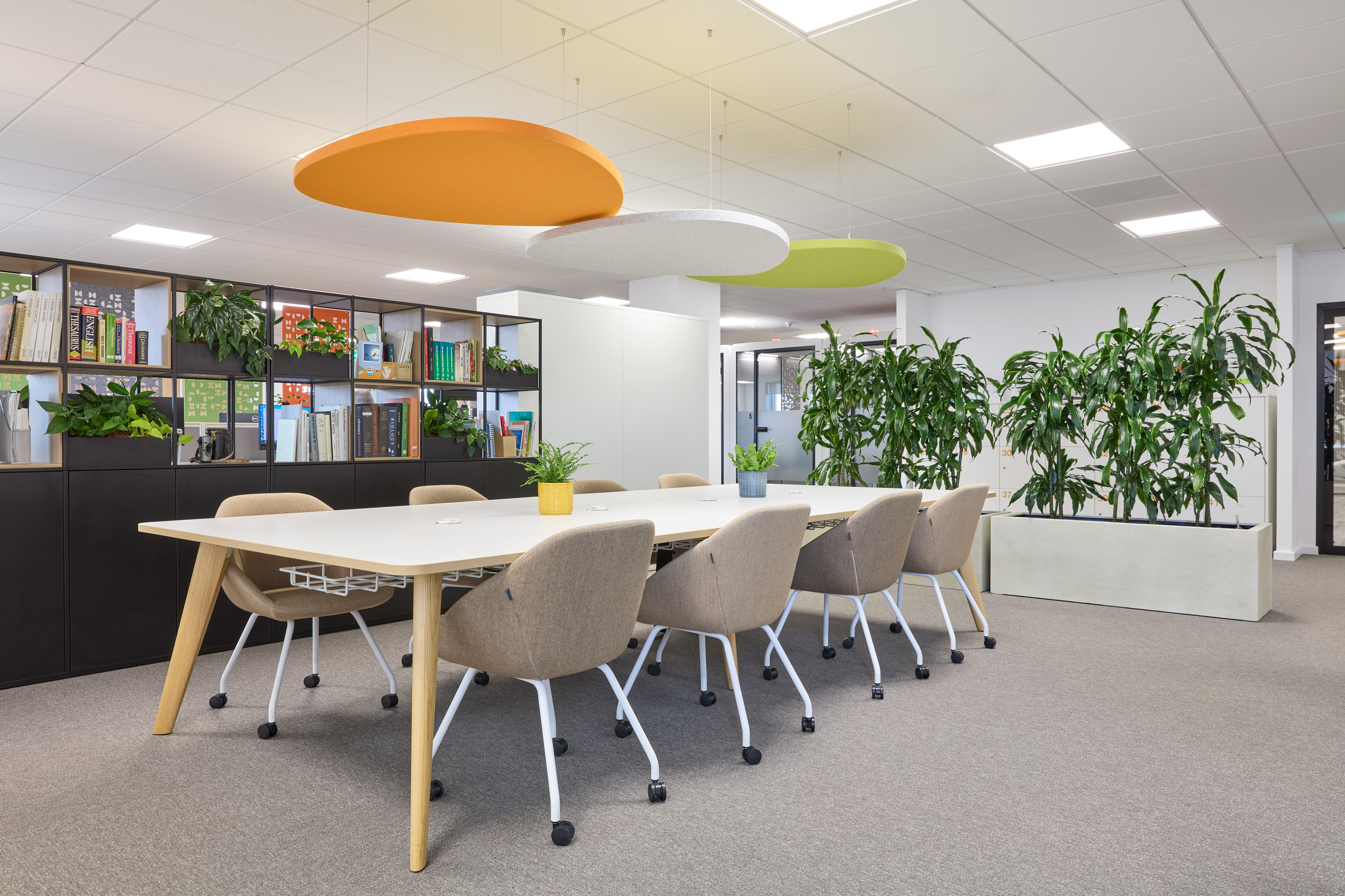 Modern office space with a large table and beige chairs. Ceiling panels in orange, white, and green add color. Bookshelves and plants create a fresh atmosphere
