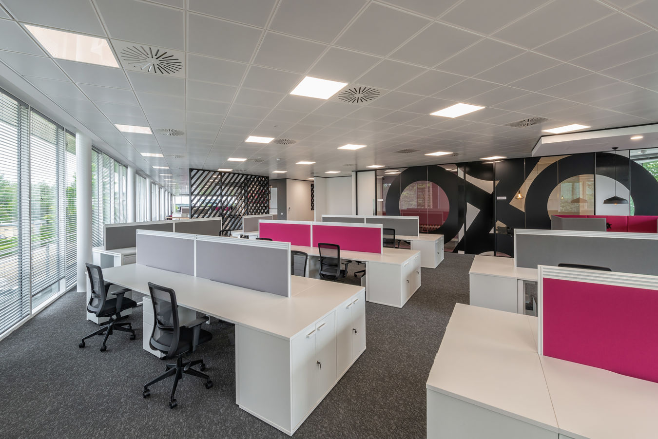 Modern office with rows of white desks and gray chairs. Pink and gray partition panels add a vibrant touch. Large windows on the left provide natural light.
