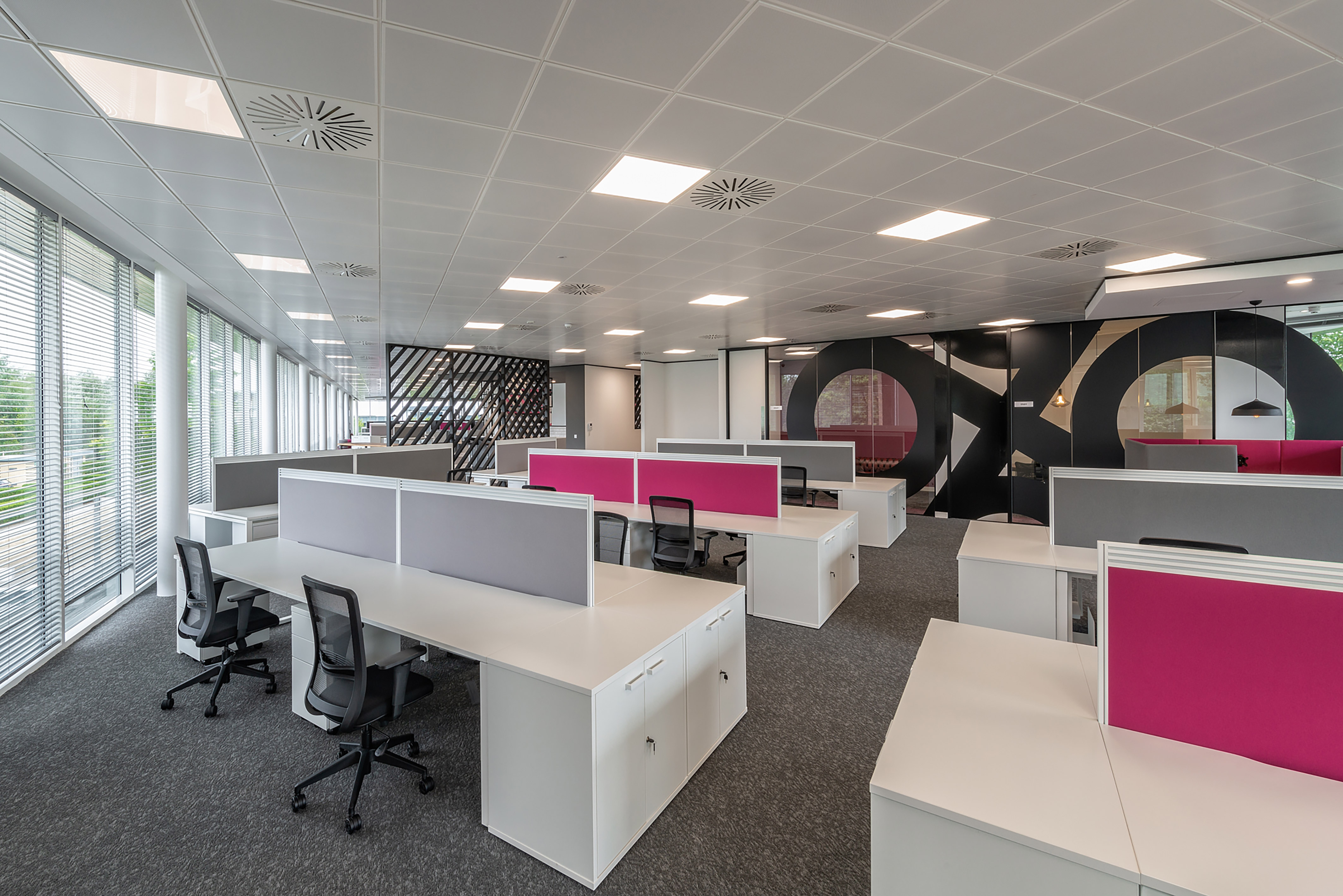 Modern office with rows of white desks and gray chairs. Pink and gray partition panels add a vibrant touch. Large windows on the left provide natural light.