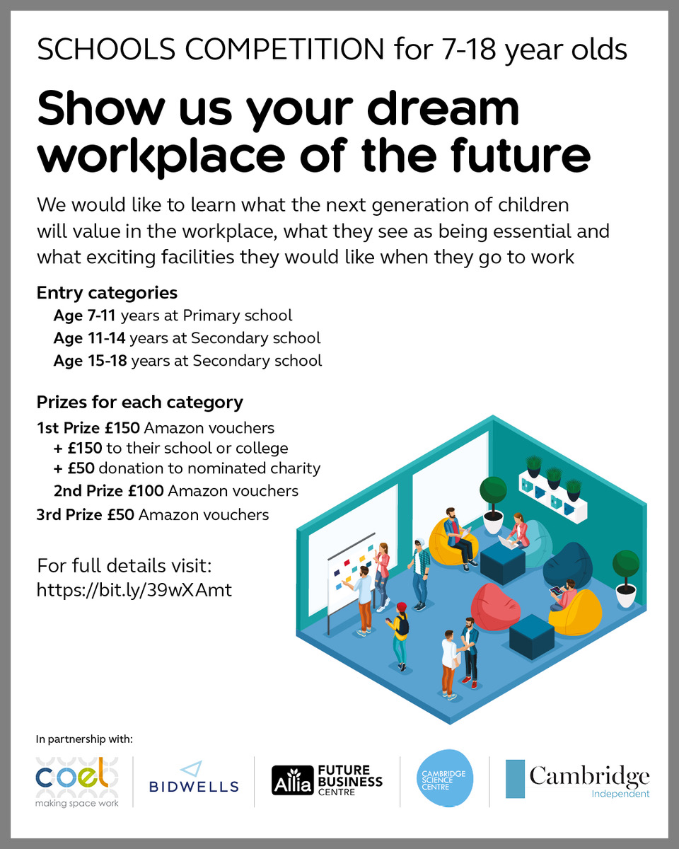 Competition poster invites 7-18-year-olds to design their dream workplace, offering prizes like Amazon vouchers and donations. Includes a colorful illustration of a futuristic office setting. URL for details provided.
