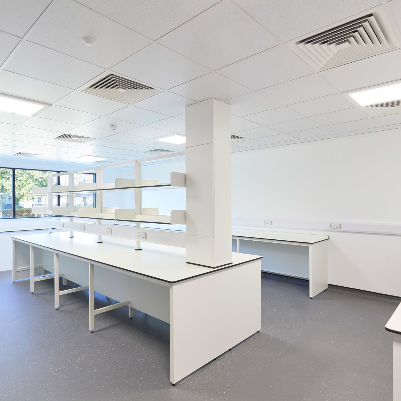 bright, empty laboratory with white countertops and open shelving. Large windows let in natural light, creating a clean, modern, and organized feel