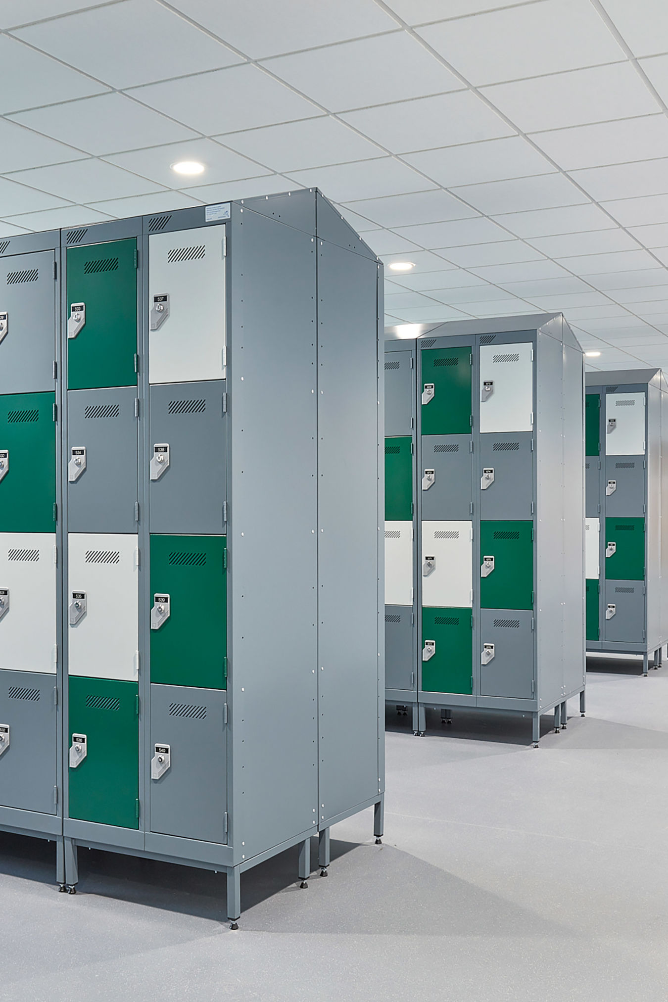 Rows of gray lockers with green and white doors line a bright hallway. The setting is orderly and clean, evoking a sense of modernity and organization.