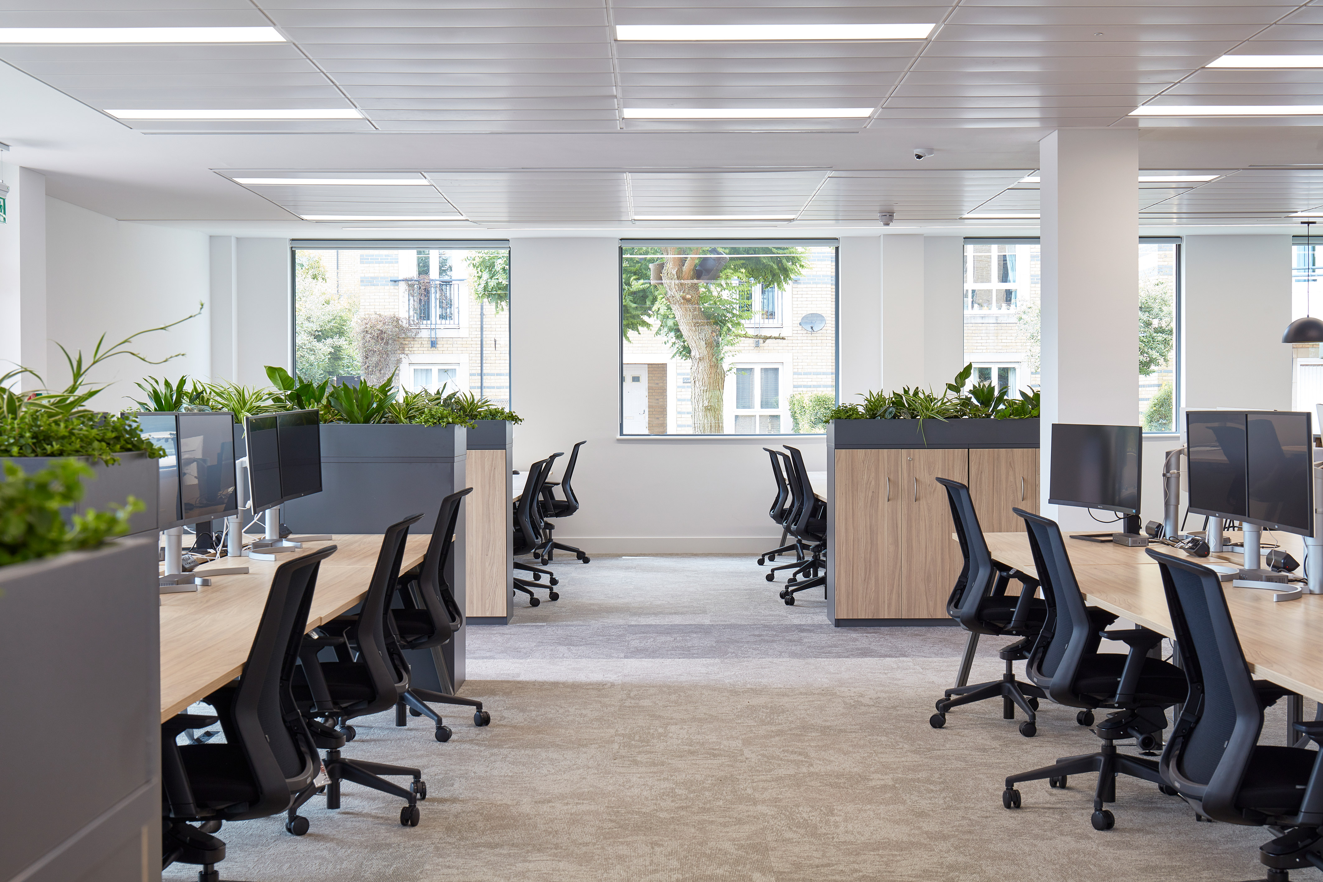 Desks with computer monitors and ergonomic chairs stand in a modern office space, flanked by planter boxes with green plants, and surrounded by large windows.