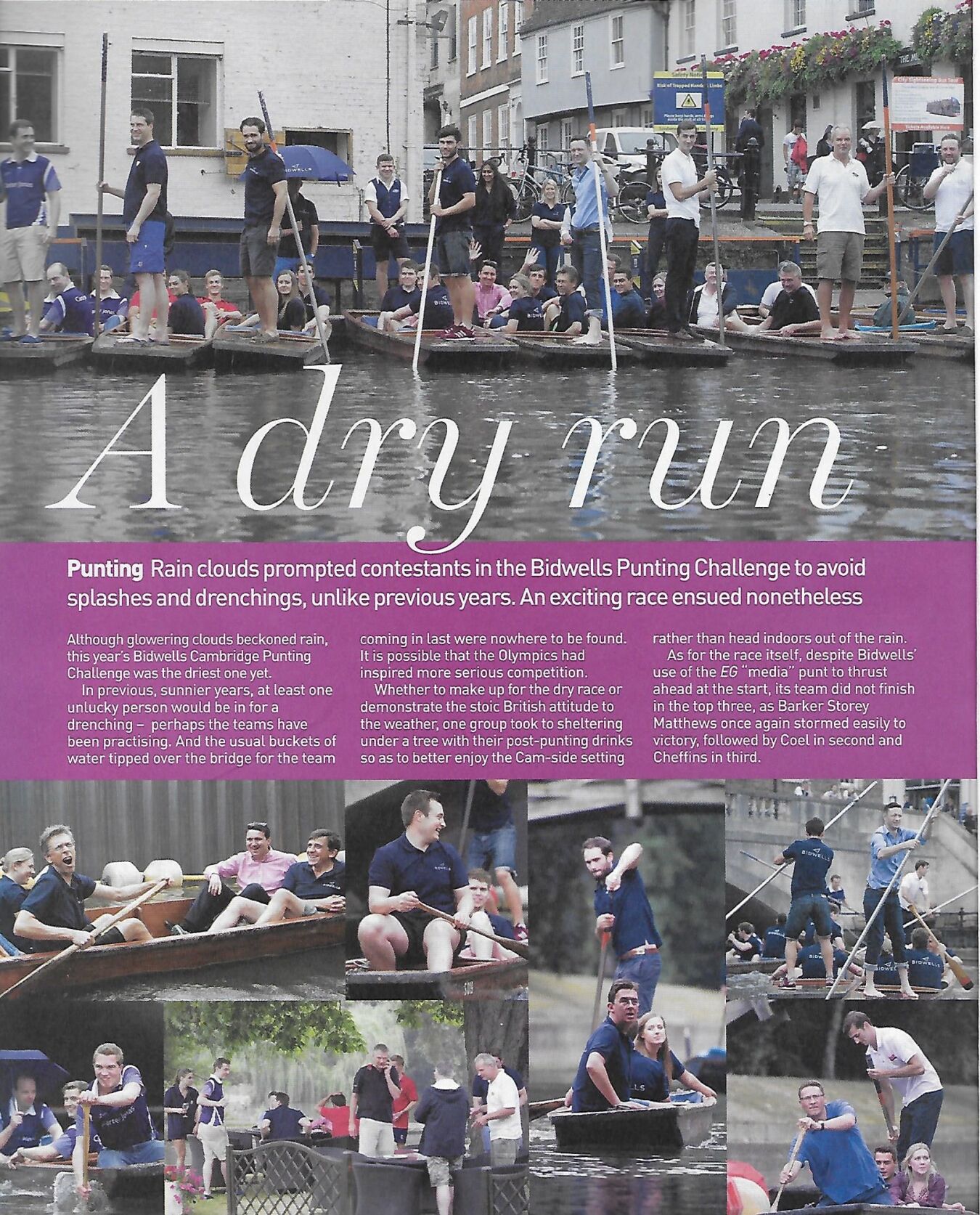 Contestants participate in the Bidwells Punting Challenge on a river, surrounded by onlookers near a brick building and flowers. Text overlay: "A dry run" and description of the event.