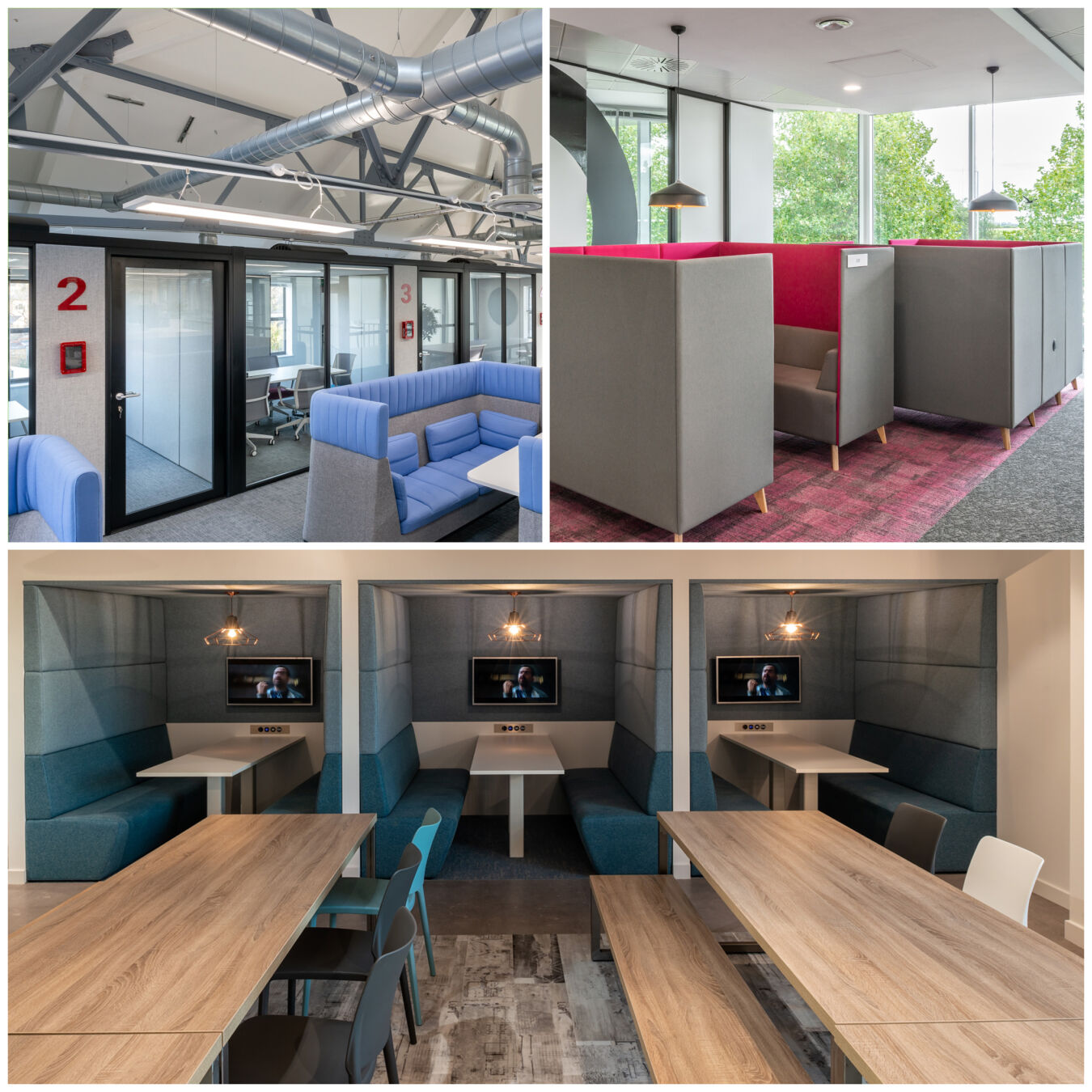 Office spaces feature modern meeting pods with blue and pink seating, individually numbered rooms, and communal tables, set within an industrial-style interior with visible ductwork and large windows.