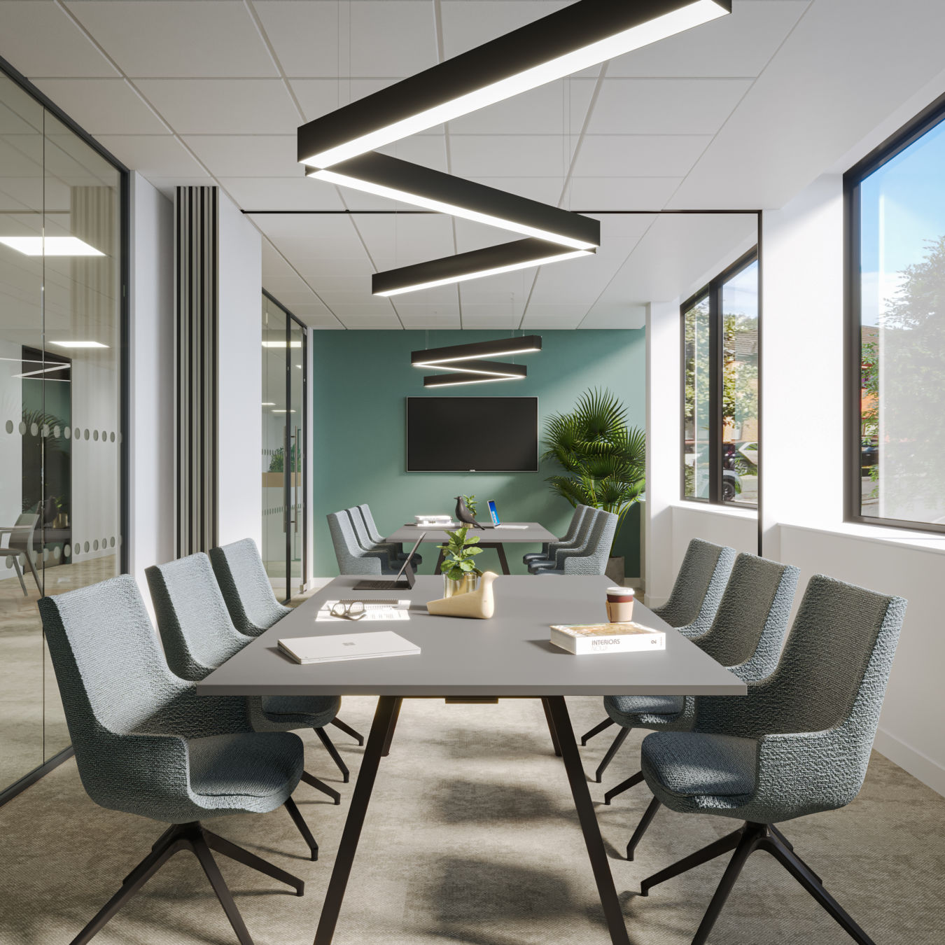 An office design render of a meeting room showing two meeting room tables each with six seats and an operable wall.