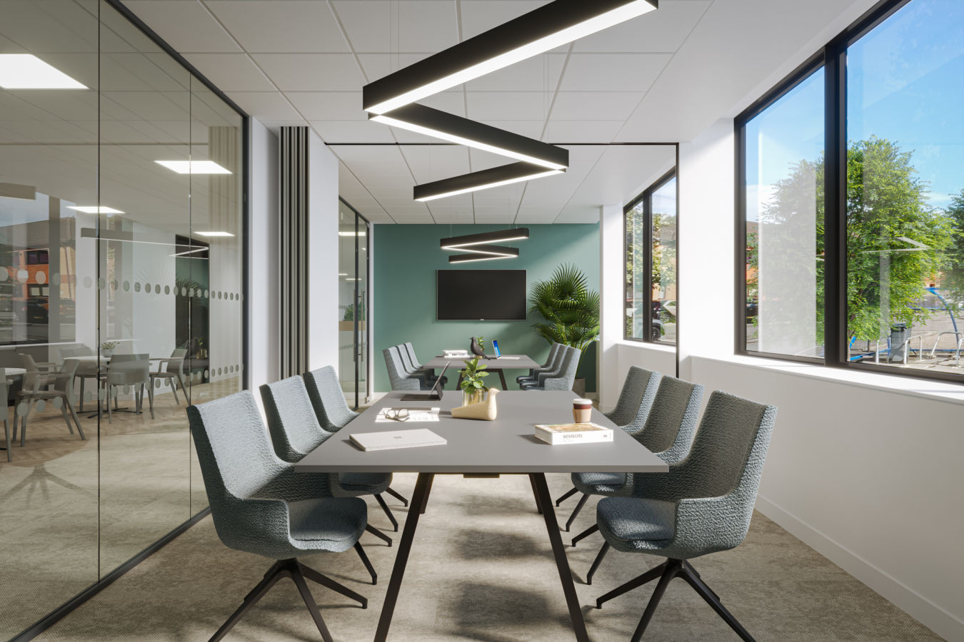 An office design render of a meeting room showing two meeting room tables each with six seats and an operable wall.