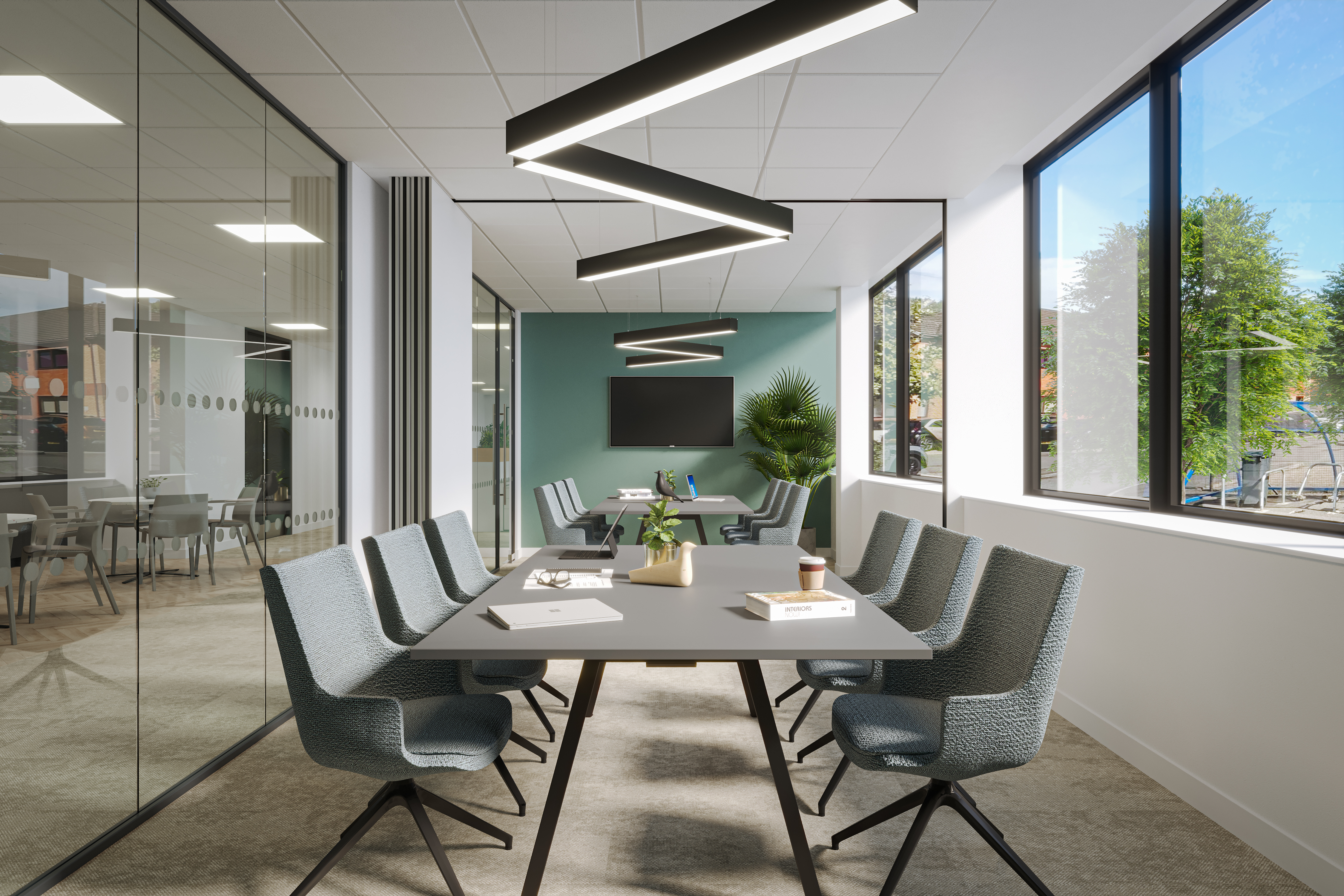 An office design render of a meeting room showing two meeting room tables each with six seats and an operable wall.