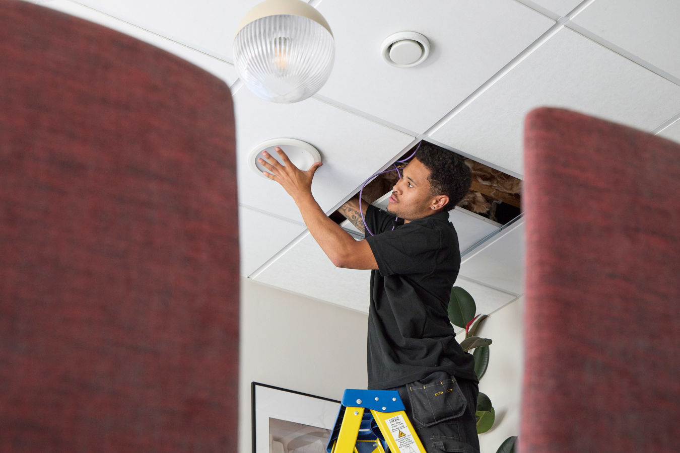 A person on a blue stepladder installs a ceiling fixture in an office with white ceiling tiles and burgundy dividers in the foreground.