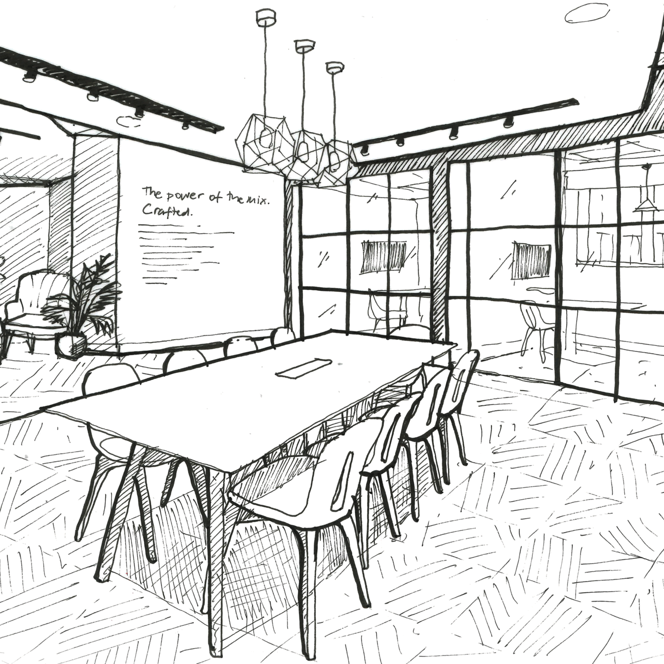A black and white sketch of an agile meeting room space depicting what the new office space will look like