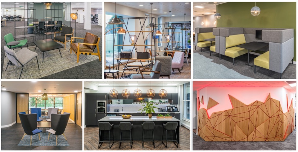 Collage of six modern office interiors showing various seating areas, a kitchen with bar stools and hanging lights, and a decorative wooden wall with geometric patterns and red lighting.