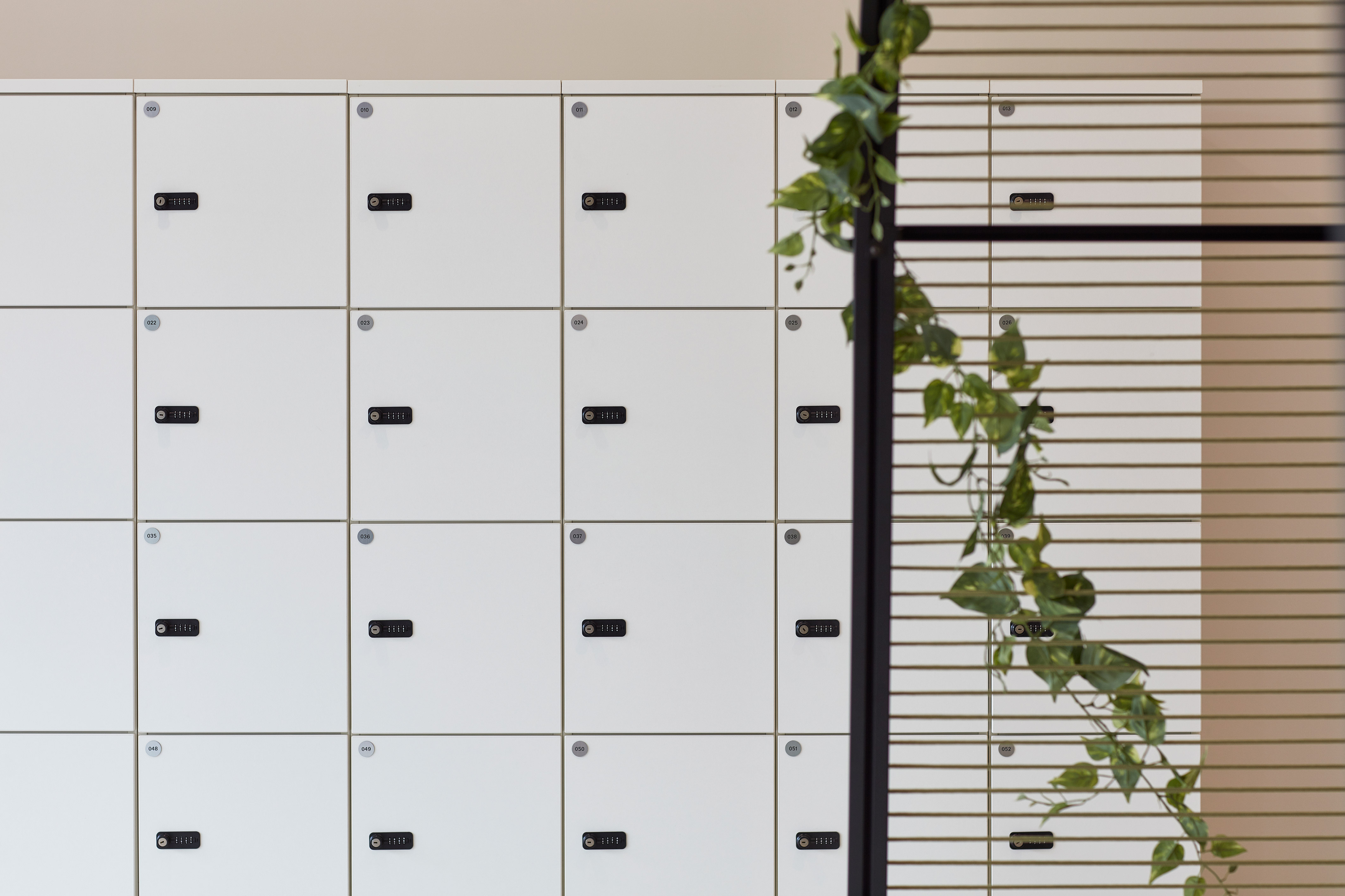 White lockers with numbered black dials are seen on the left, while hanging green vines drape over a black trellis on the right, creating a modern, organized ambiance