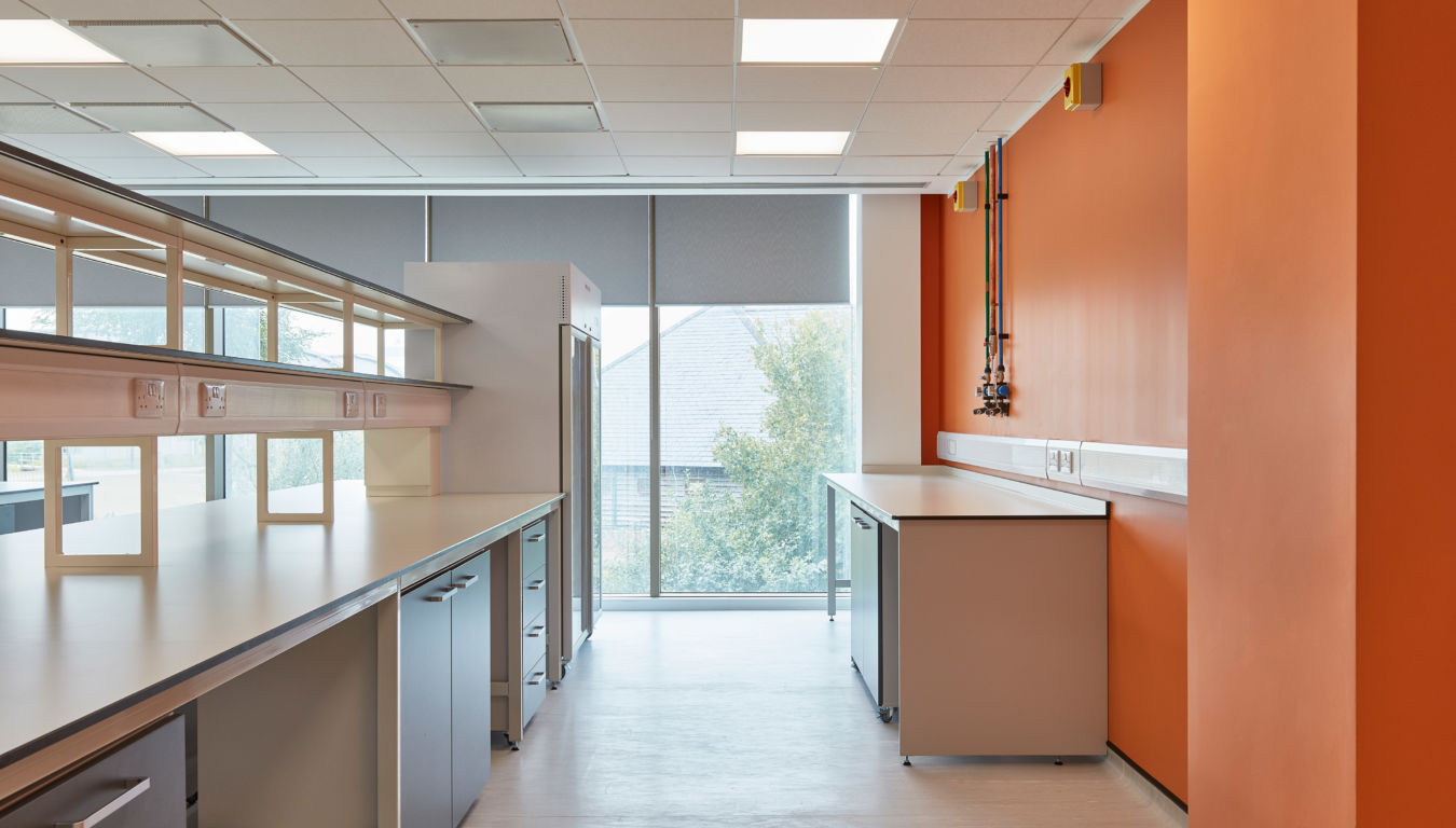 Laboratory with white countertops and cabinets, featuring a bright orange wall, electrical outlets, and large windows showing greenery outside, creating a clean and modern workspace.