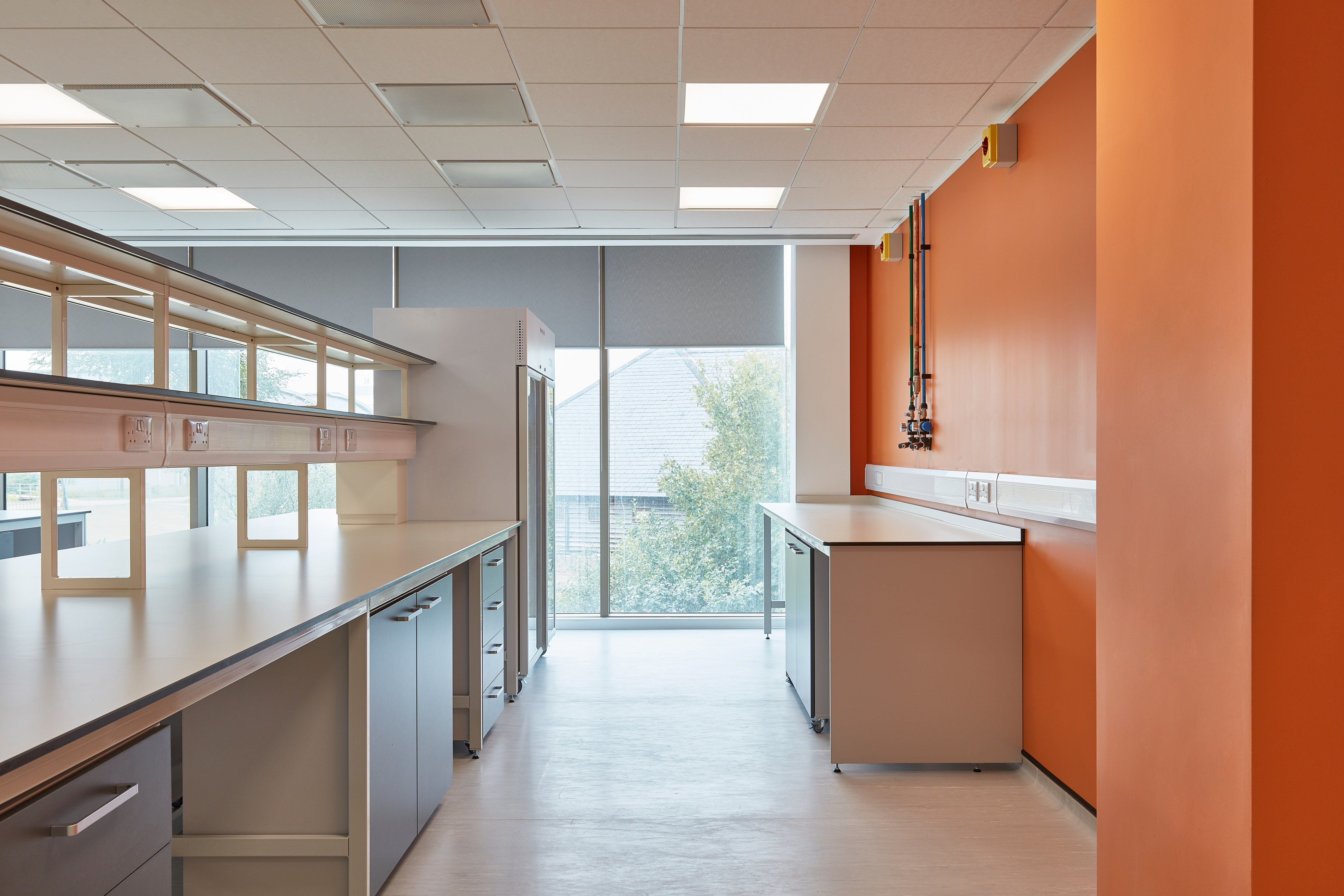 Laboratory with white countertops and cabinets, featuring a bright orange wall, electrical outlets, and large windows showing greenery outside, creating a clean and modern workspace.