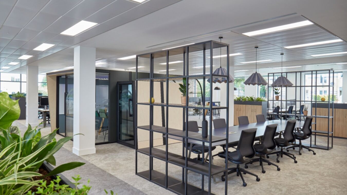 Modern office space with open seating arrangement; features black chairs around a long table, partitioned by open shelving, enhanced by indoor plants and geometric pendant lighting.