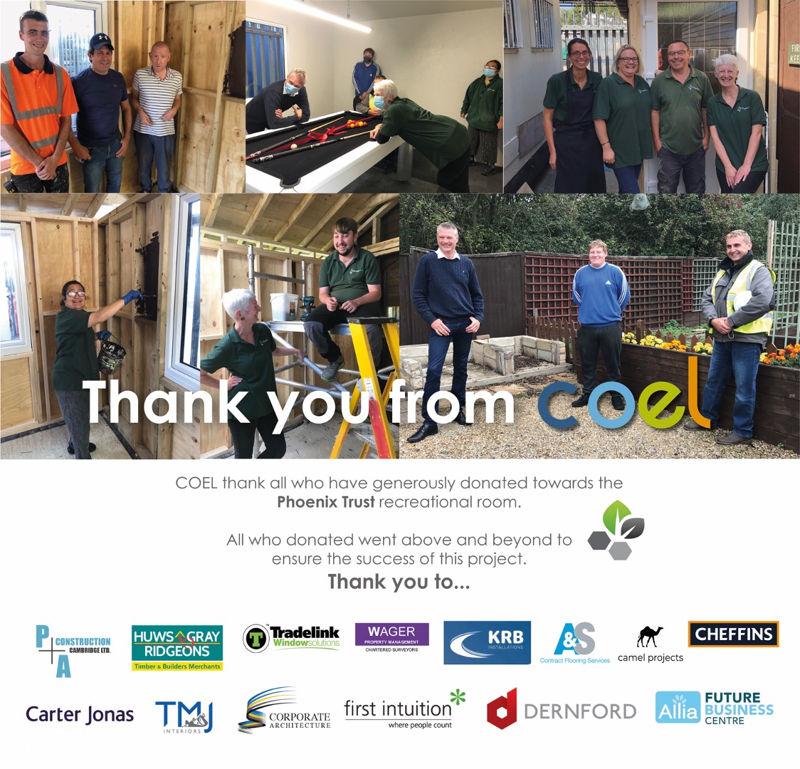People engaging in construction and leisure activities inside and outside a building, expressing gratitude to donors. Logos and text acknowledge support for the Phoenix Trust recreational room project.