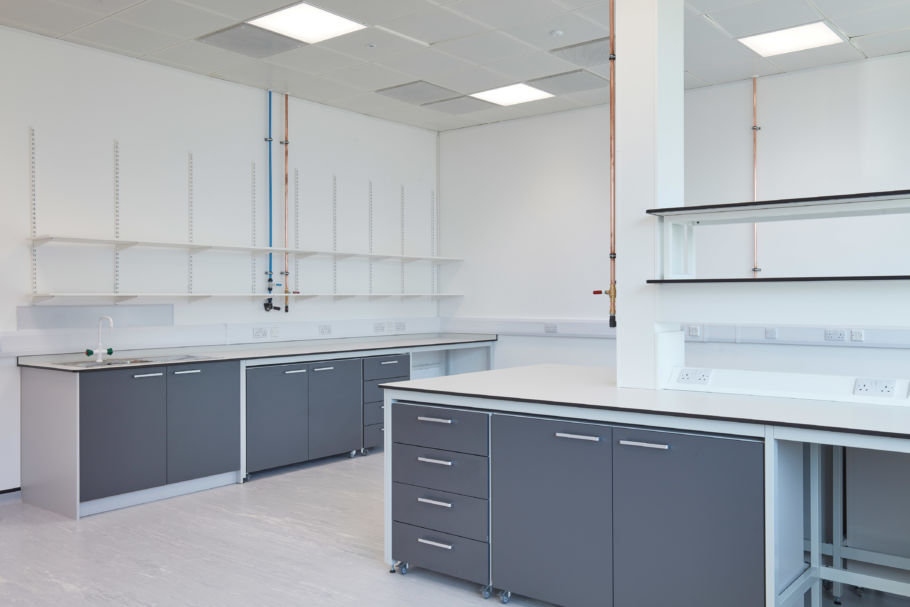 Modern laboratory room with grey lower cabinets, white countertops, wall-mounted shelves, and ceiling-mounted lighting in a clean, minimalistic layout.