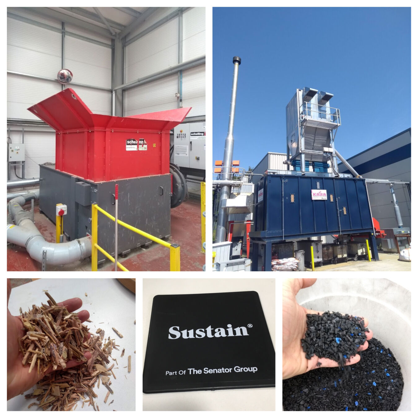 Industrial shredders and pelletizer machines process raw materials in a factory environment. A hand holds wood chips and black plastic pellets. A black square displays the text “Sustain® Part of The Senator Group.”