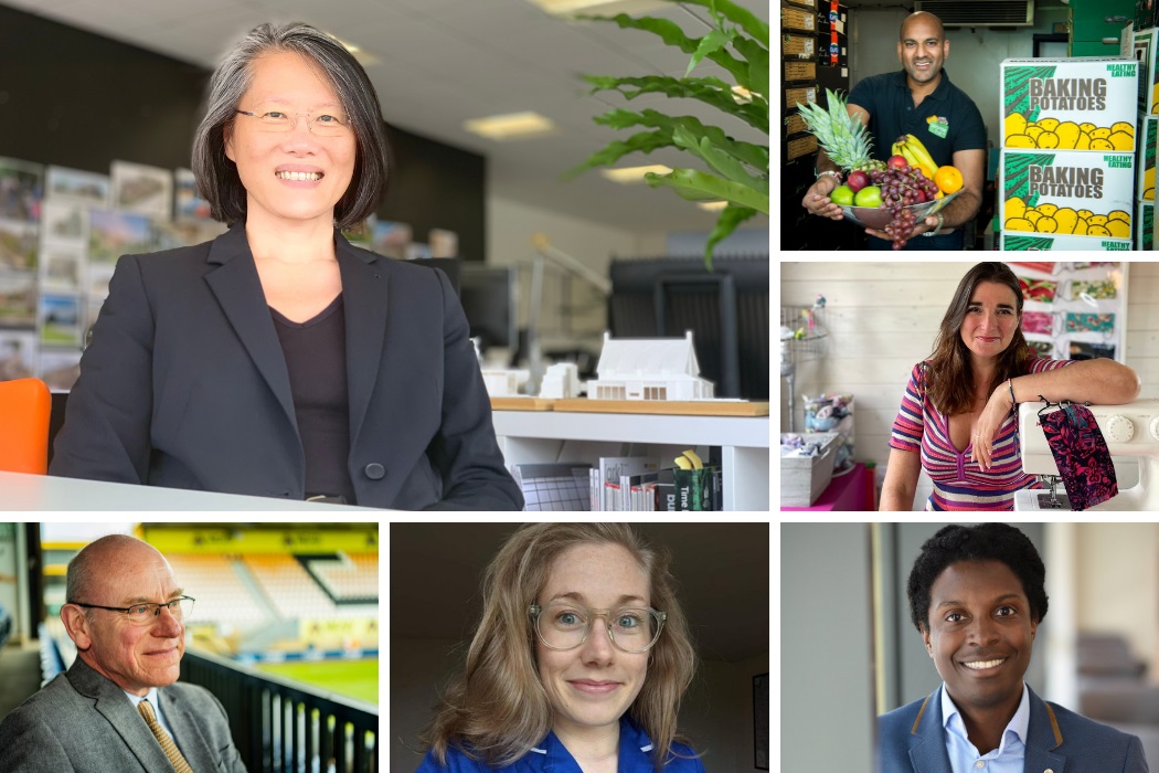 Collage of six people in various professional and home settings. A woman in a suit smiles in an office; a man holds fruit by boxes labeled "Baking Potatoes"; a woman in a striped shirt rests under crafts; a man in a suit sits in a stadium; a woman in glasses smiles indoors; a man in a blazer smiles by a window.