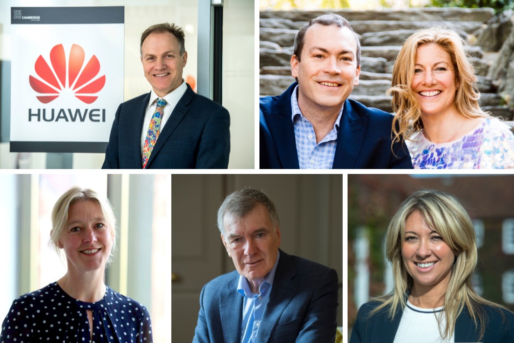 A collage of five business professionals; one man stands beside a "Huawei" sign, another man and woman sit outdoors on stone steps, and three others pose in office settings.