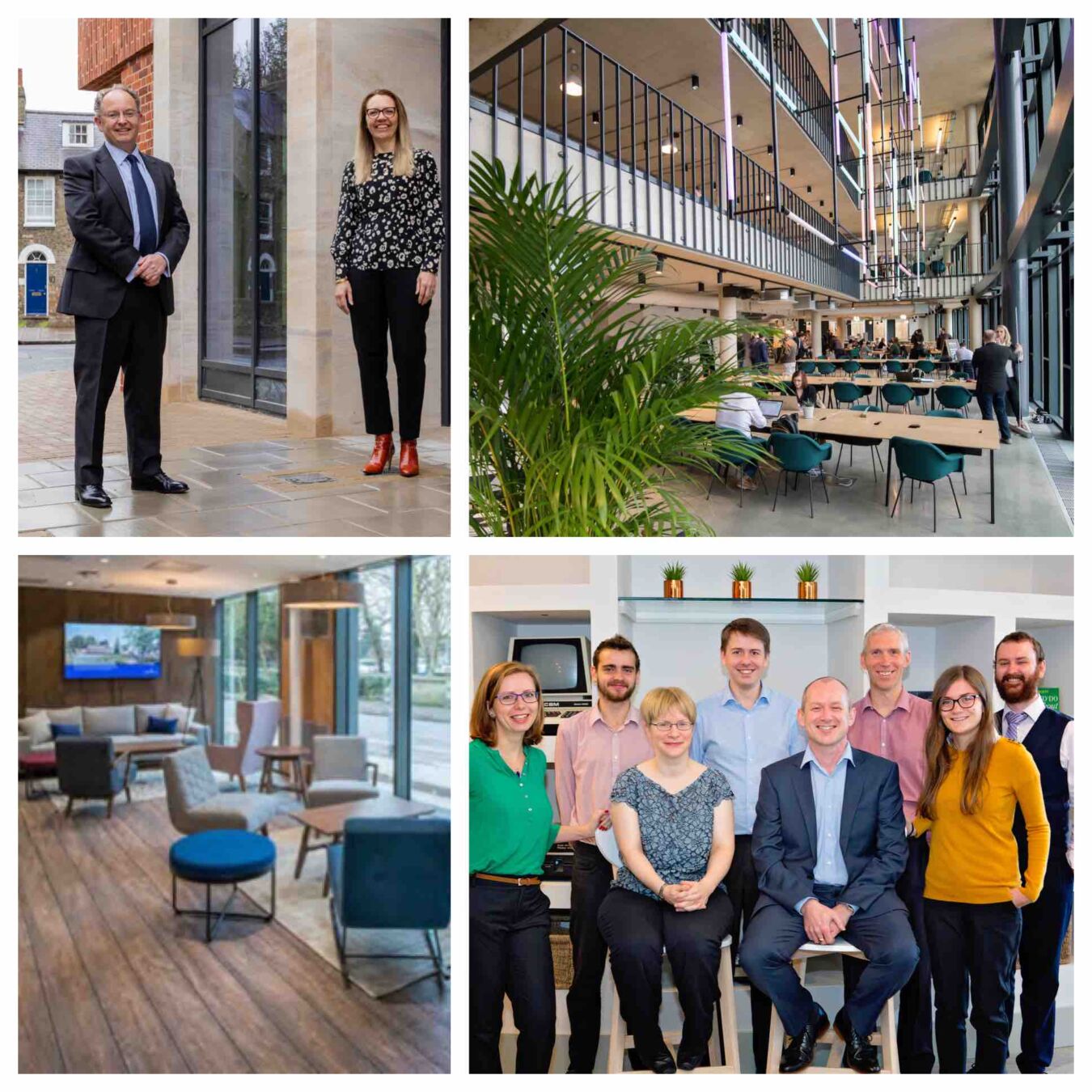 Collage featuring five people outside a building, an interior communal workspace with tables and seating, a cozy lounge area with a TV, and a group of seven people posing inside a modern office.