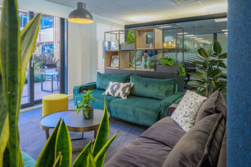 Modern office lounge with a teal sofa and patterned pillows, separated by a black-and-wood shelf holding plants and decor. Large windows provide natural light, with a view of an exterior patio.