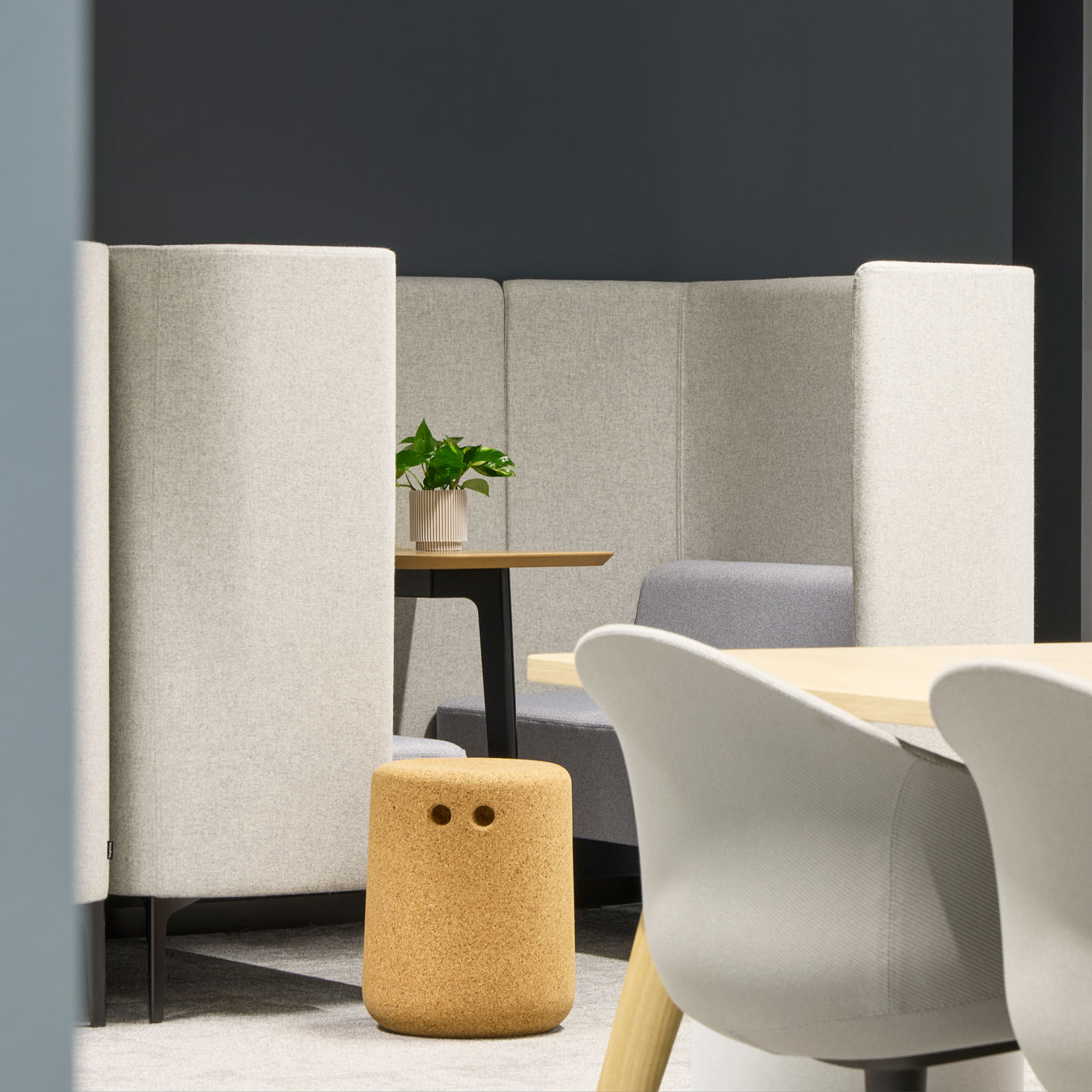 Modern office workspace with gray partitioned booth, wooden table, cork stool, and gray chairs. A potted plant adds a touch of greenery.